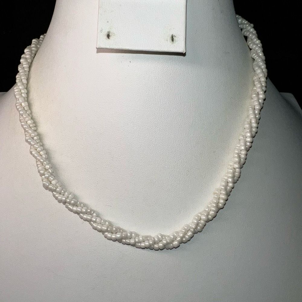 Vintage White Braided Seed Bead Necklace with Wood Toggle Closure